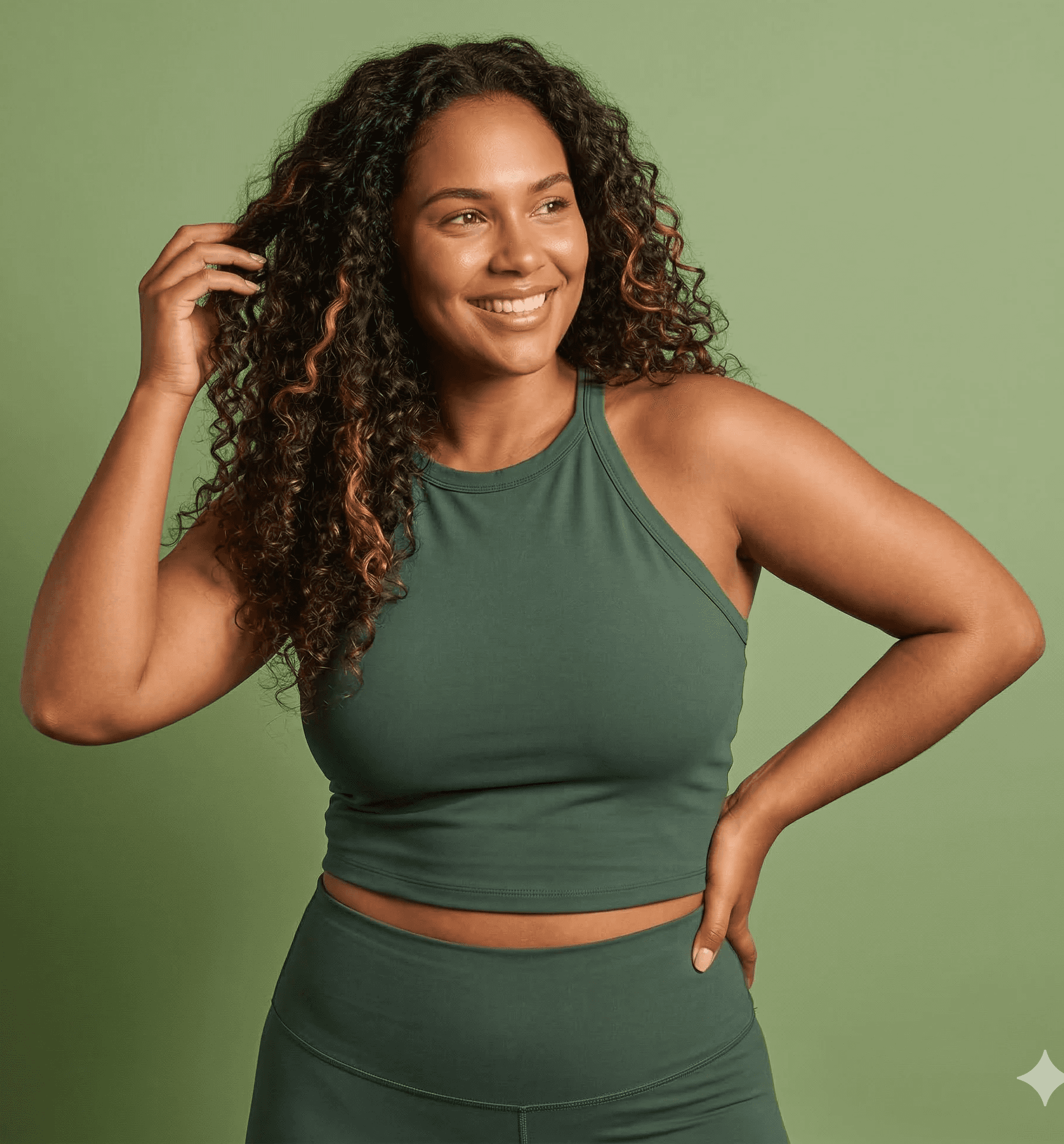 Mulher sorridente e saudável com roupa esportiva verde, representando a vitalidade e a longevidade após um check-up cardiológico preventivo.