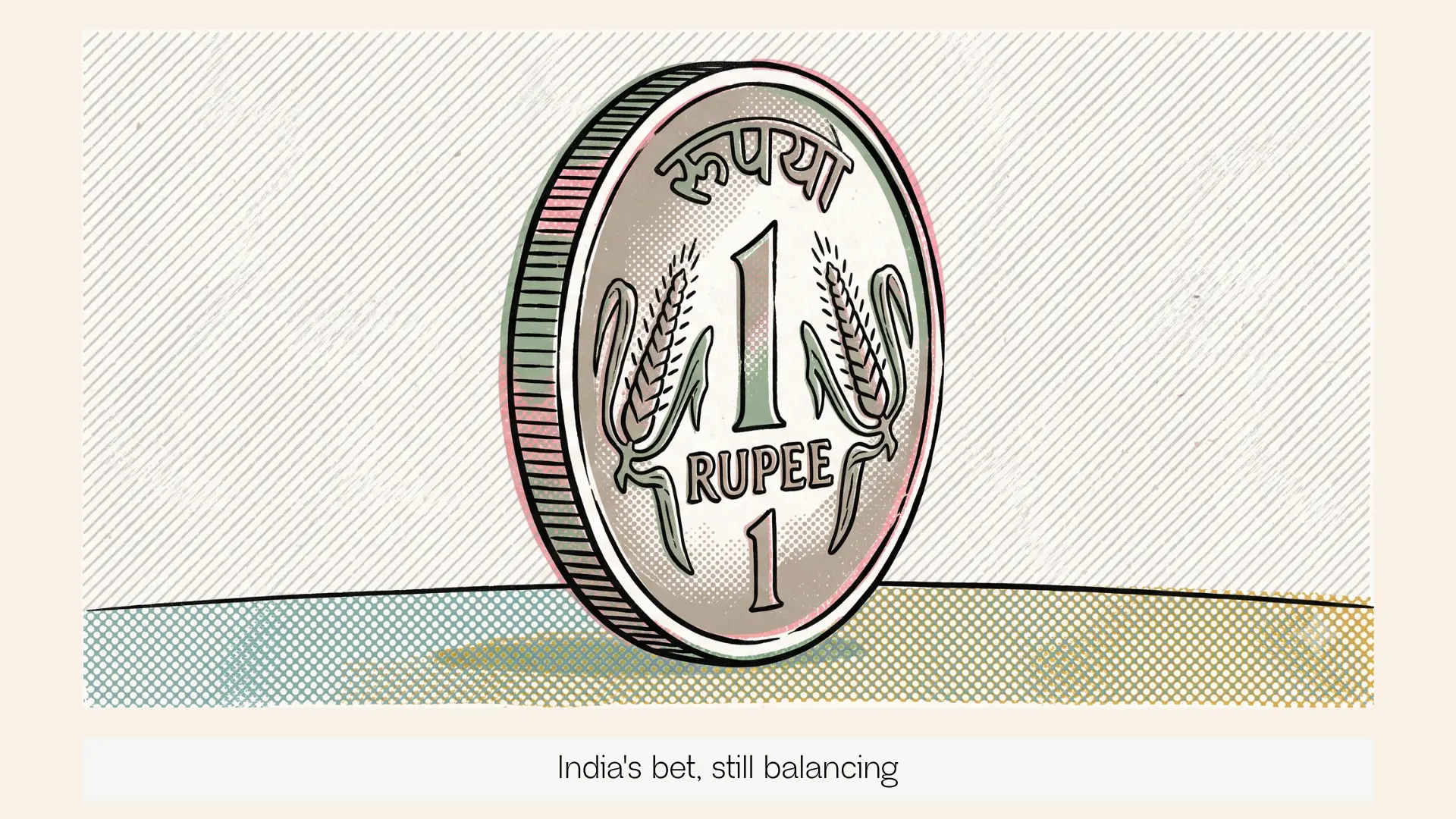 A single rupee coin balanced upright on its edge