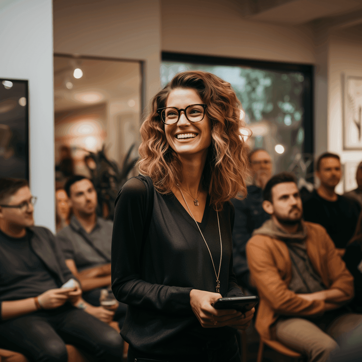 Smiling woman with glasses and curly hair at a casual office event