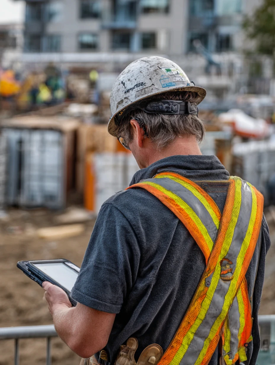 man on construction site using tablet