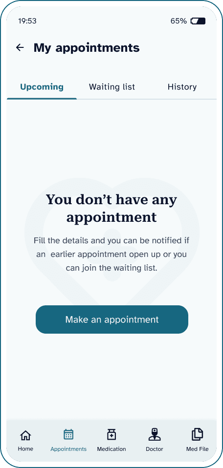 Screenshot of the mobile app screen displaying a message indicating that the user has no upcoming appointments. The screen also includes a button to make a new appointment