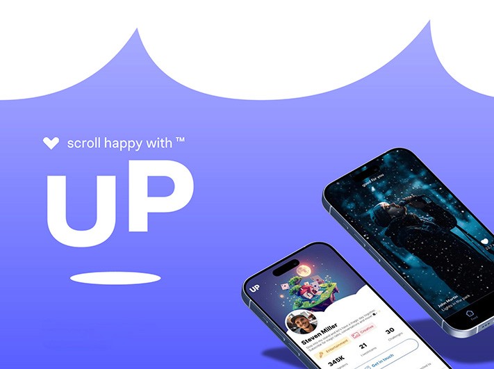 Advertisement for 'UP' social media app with a blue and purple gradient background. Two smartphones are shown, one with a starry night sky and the other with a profile page.