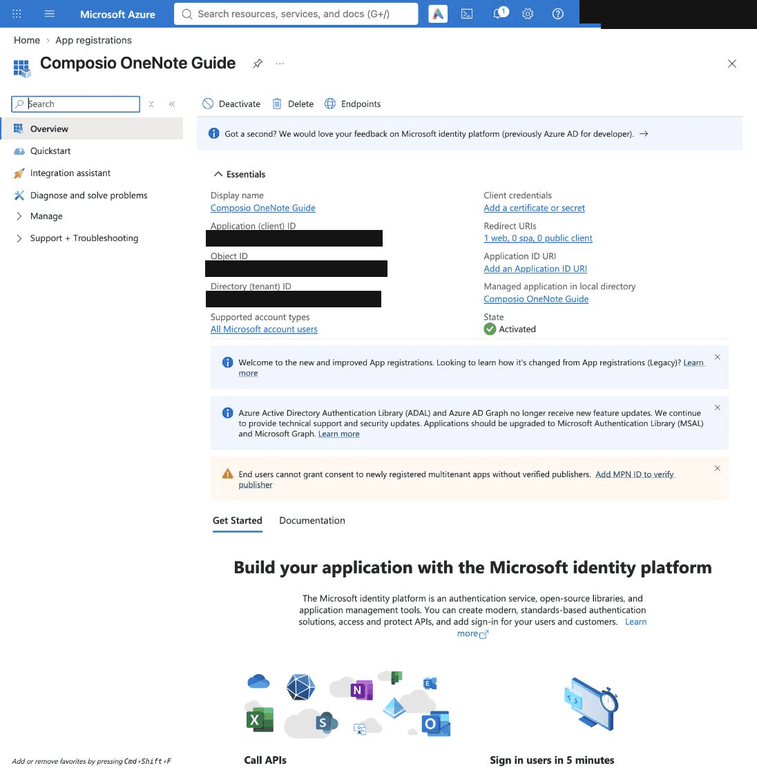 App overview with client ID