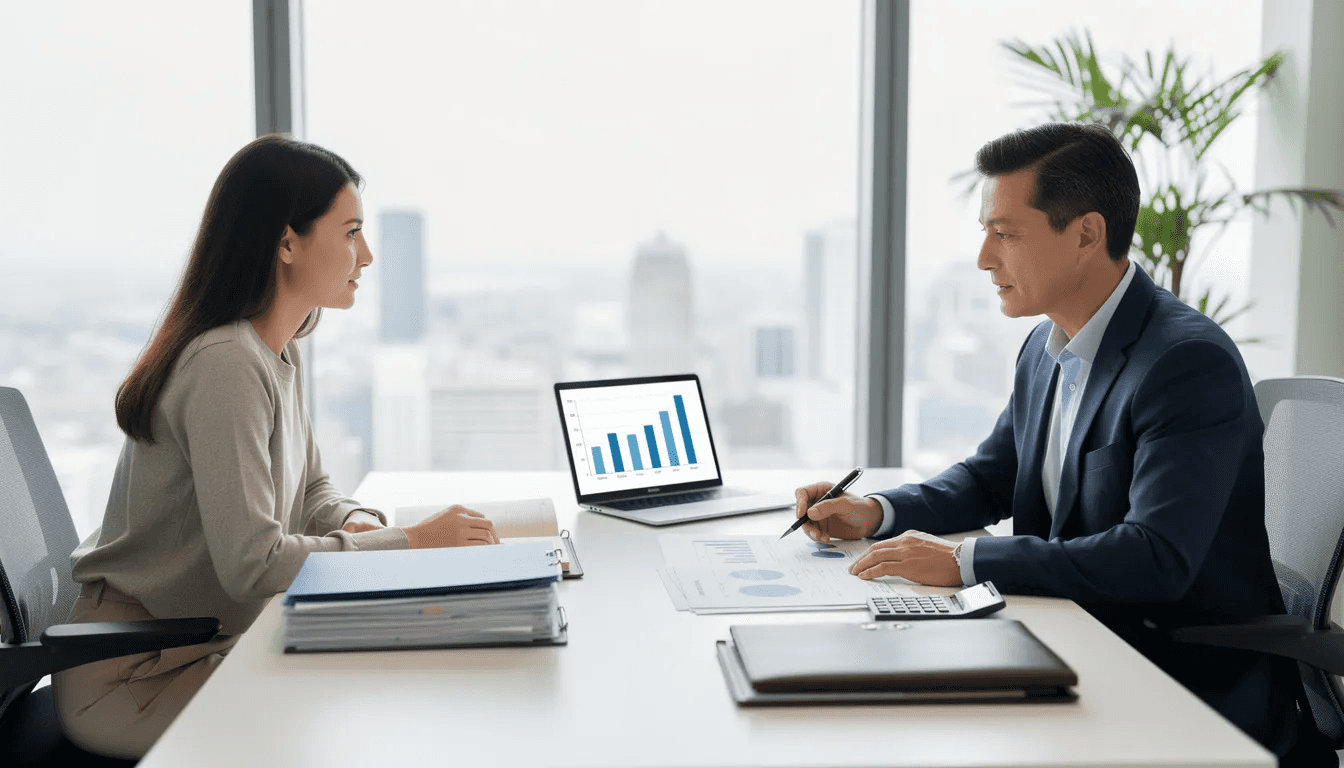 A professional advisor is sitting at a modern office desk, reviewing financial documents with a client, focusing on strategies to reduce taxable income and optimize tax savings. The atmosphere is collaborative, emphasizing the importance of understanding tax laws and potential tax benefits related to retirement accounts and medical expenses.