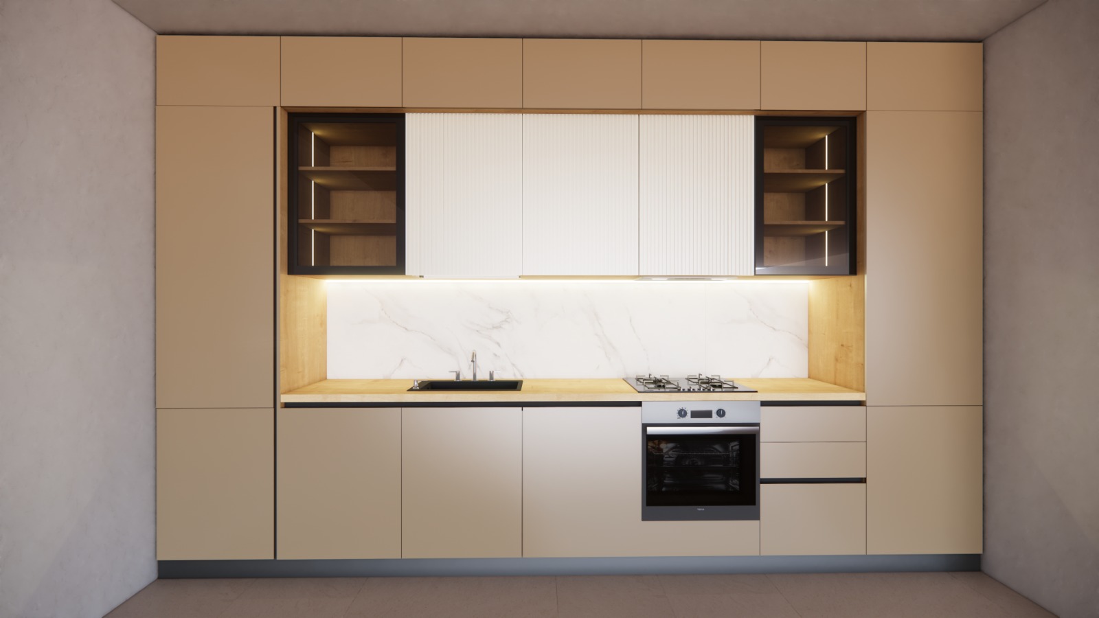 Bucătărie modernă cu dulapuri bej elegante, blat/placare din marmură și electrocasnice din inox.