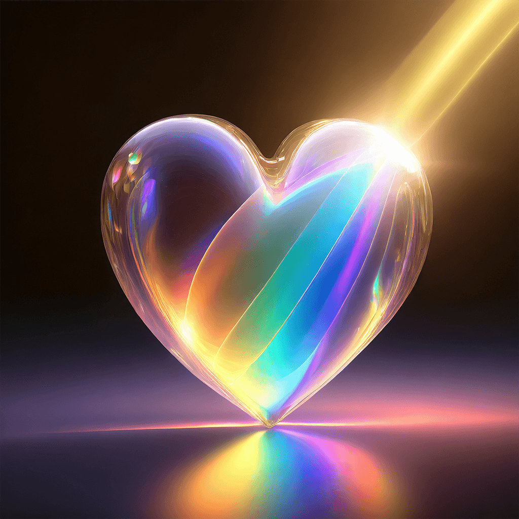 A translucent, iridescent 3D heart under the influence of light