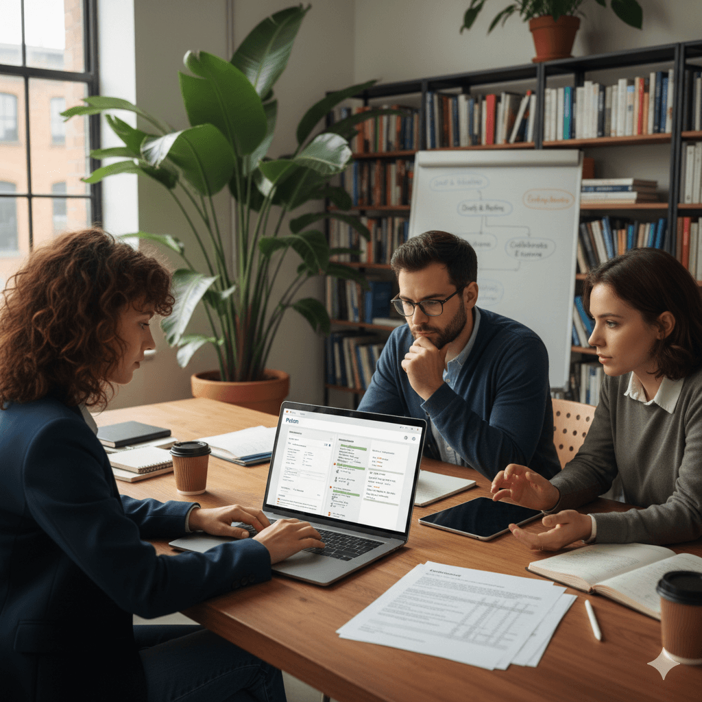 A group of professionals collaborate around a table in a modern office, with one person typing on a laptop displaying a Prism interface, surrounded by notebooks, tablets, and papers; Discover Prism: LaTeX-Native Research with GPT-5.2.