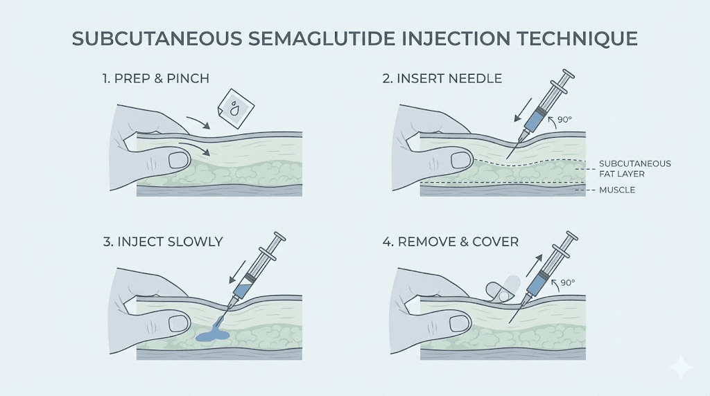 Proper semaglutide injection technique showing 90-degree needle angle and skin pinch method