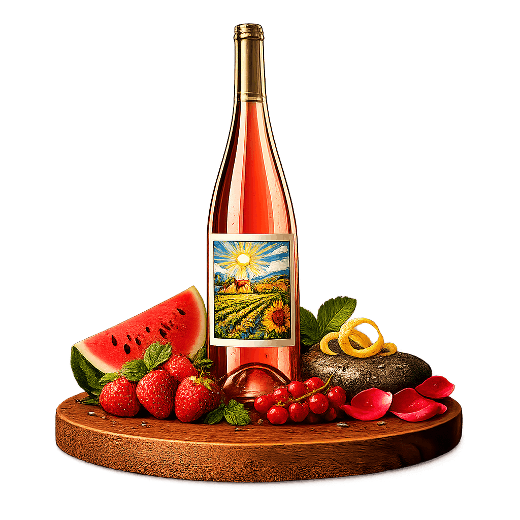 Artistic label and flavor profile for Ukrainian Rosé on a rustic wooden table.