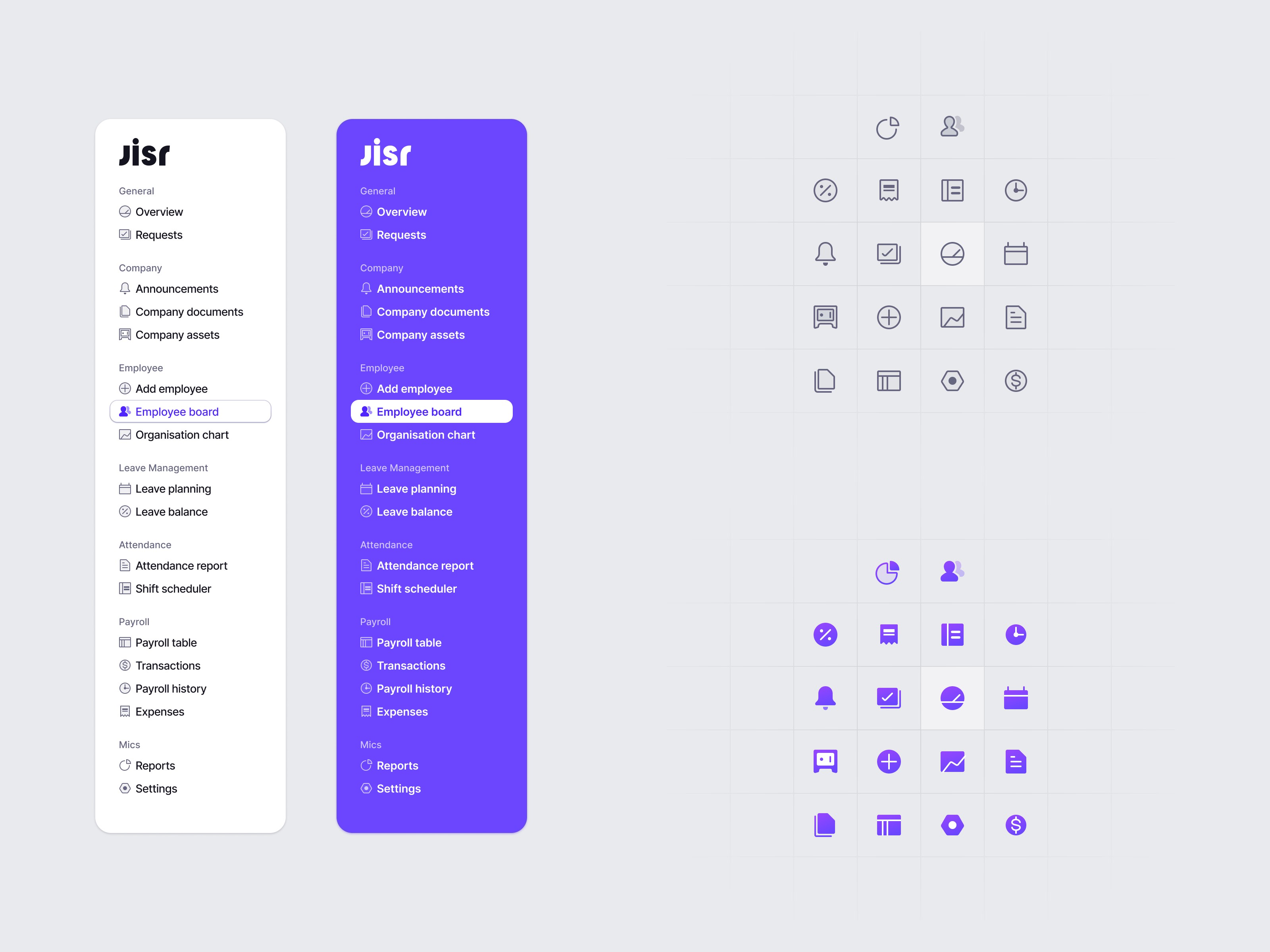 Jisr side menu and icons for the web app. Side menu design. Icon design.