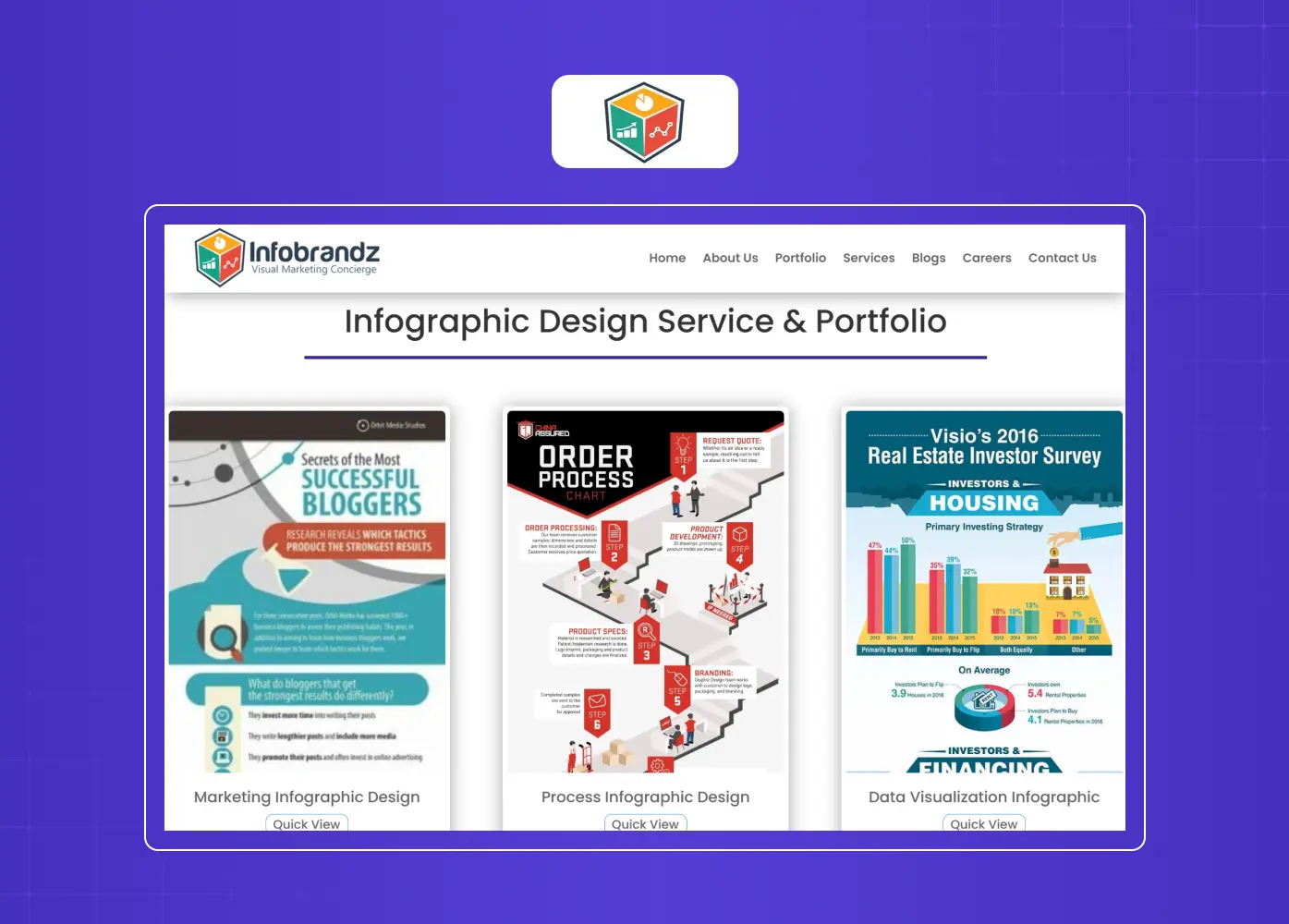 Portfolio page showcasing infographic design projects focused on data visualization, process explanations, and educational content.