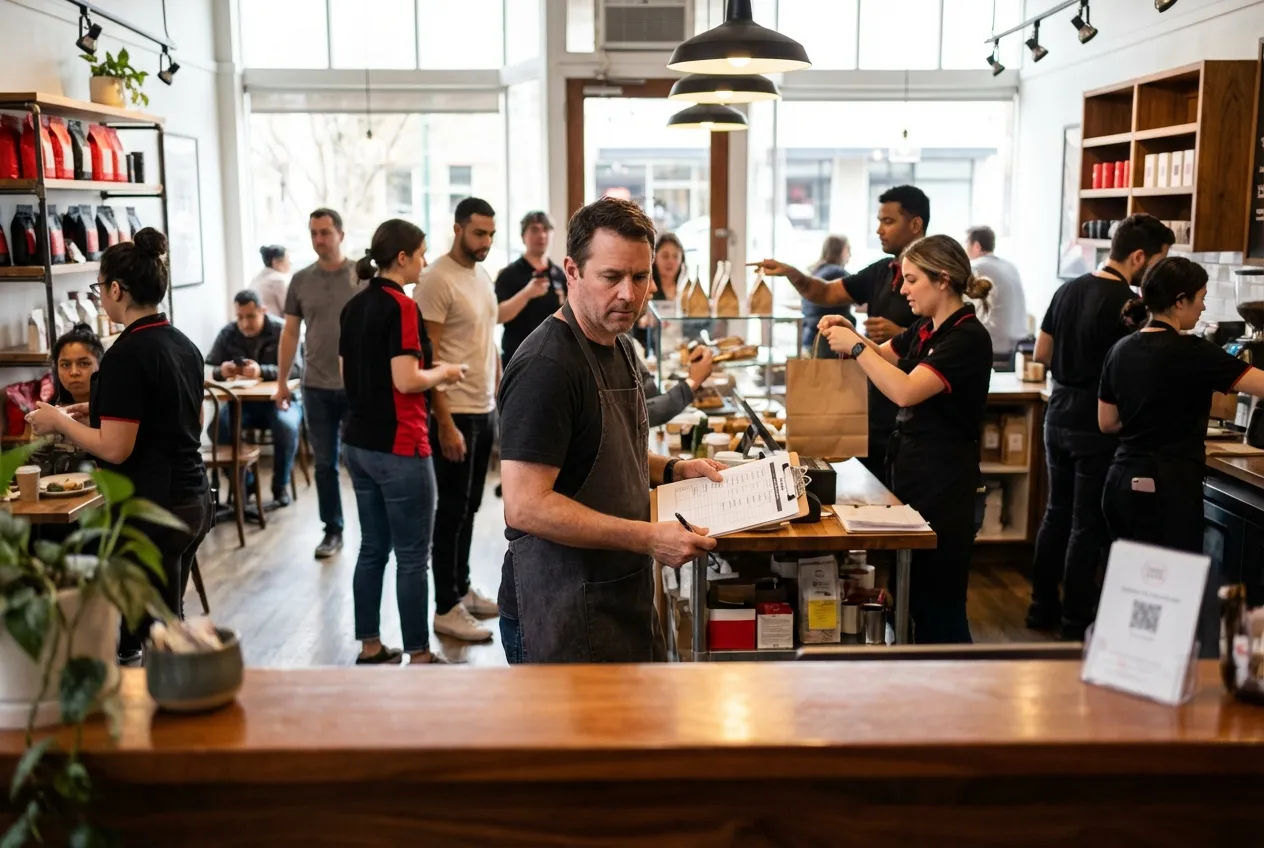Bustling cafe scene; RockN' Socials team at work, boosting digital marketing.