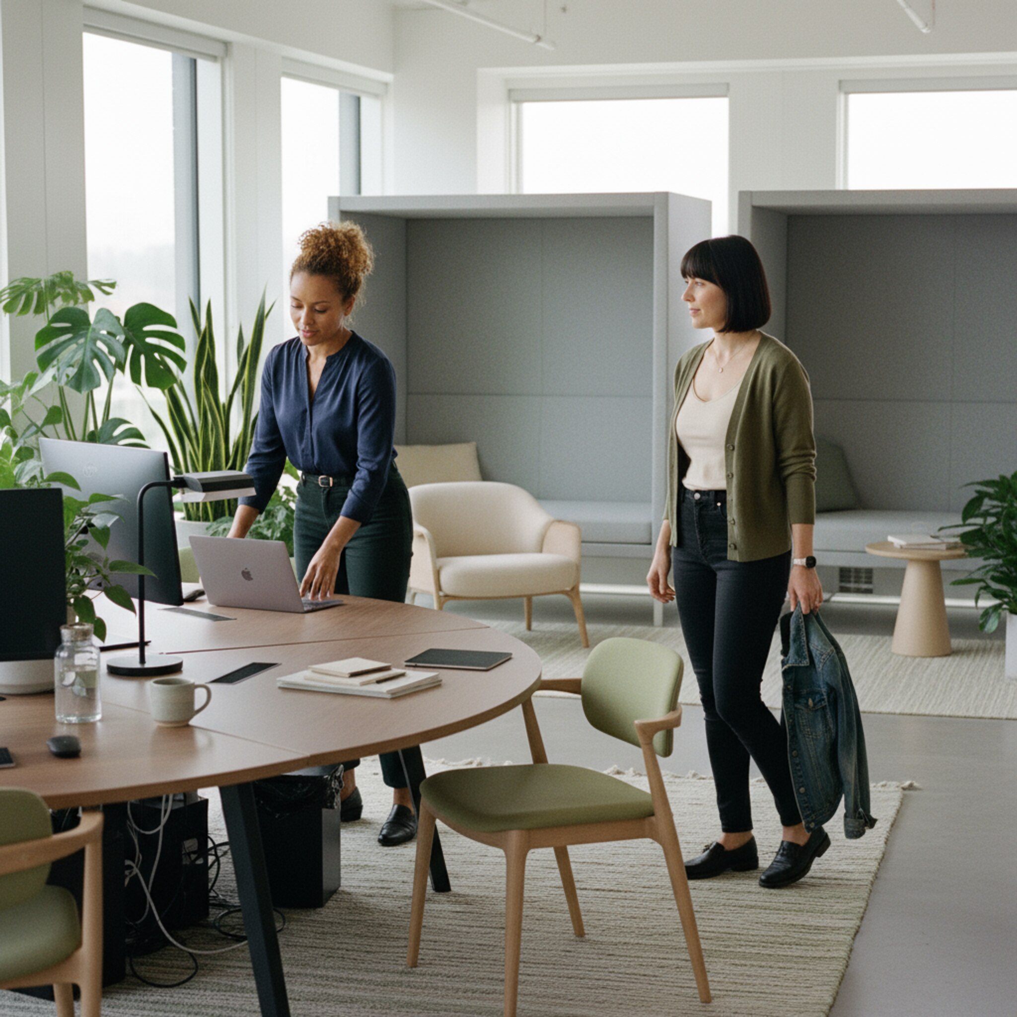 Ein Bereich mit zusammenhängenden Schreibtischen ist als Team-Zone eingerichtet, mit Pflanzen und ruhigen Nischen. Zwei Kolleginnen legen Laptops ab und hängen ihre Jacken über Stuhllehnen. Ein freier Platz steht bereit, Stuhl leicht herausgezogen. Die Szene wirkt geordnet, fokussiert und kollegial.