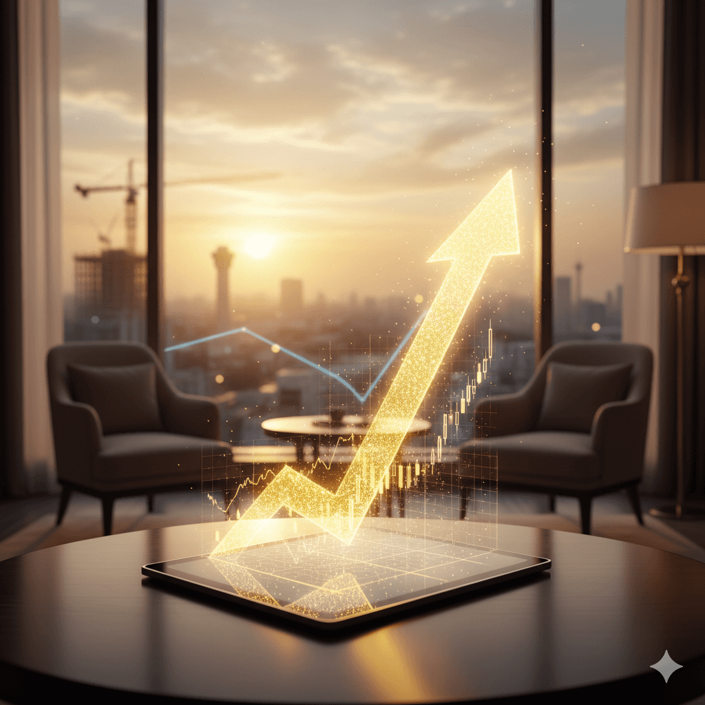 Holographic upward-pointing growth chart, symbolizing investment appreciation near Jewar Airport