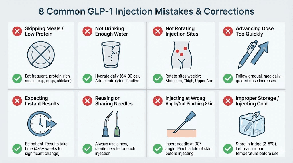 Common GLP-1 injection mistakes infographic with prevention tips