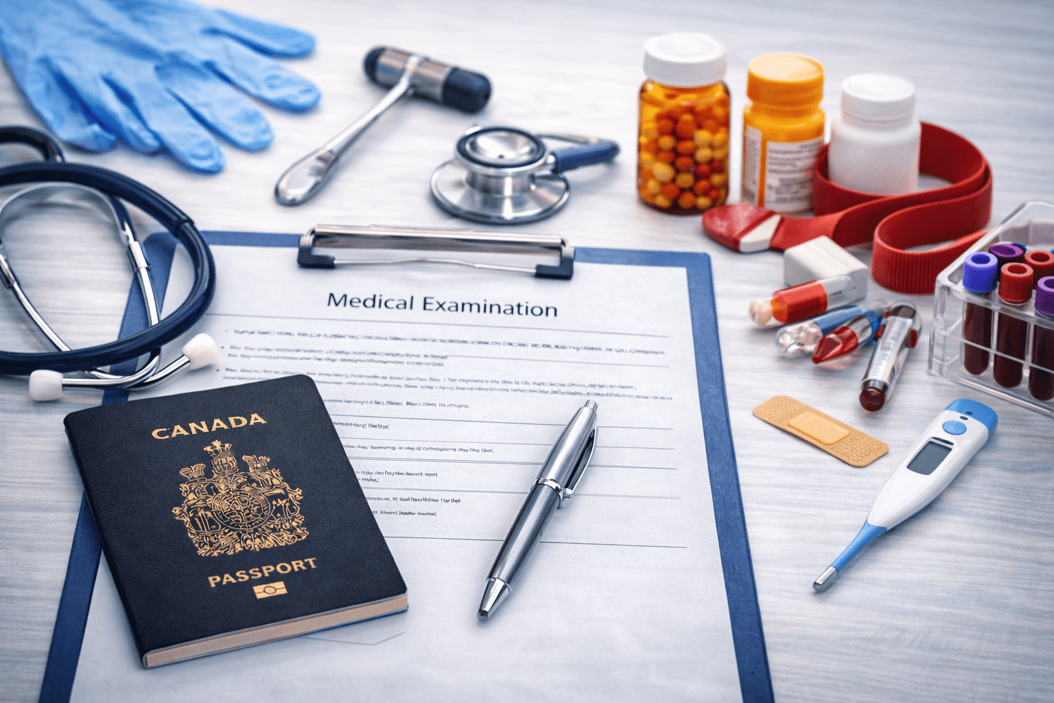 Panel physician immigration medical exam setup by GTA Immigration Physicians with Canadian passport and clinical tools for IRCC medical exams.