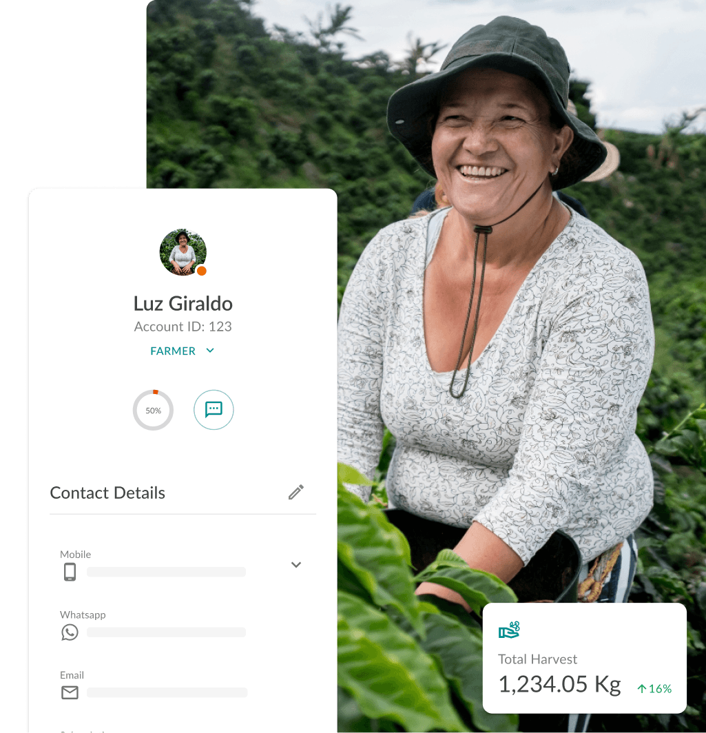 Farmer profile in coffee production software CultivoPro showing harvest data and contact details