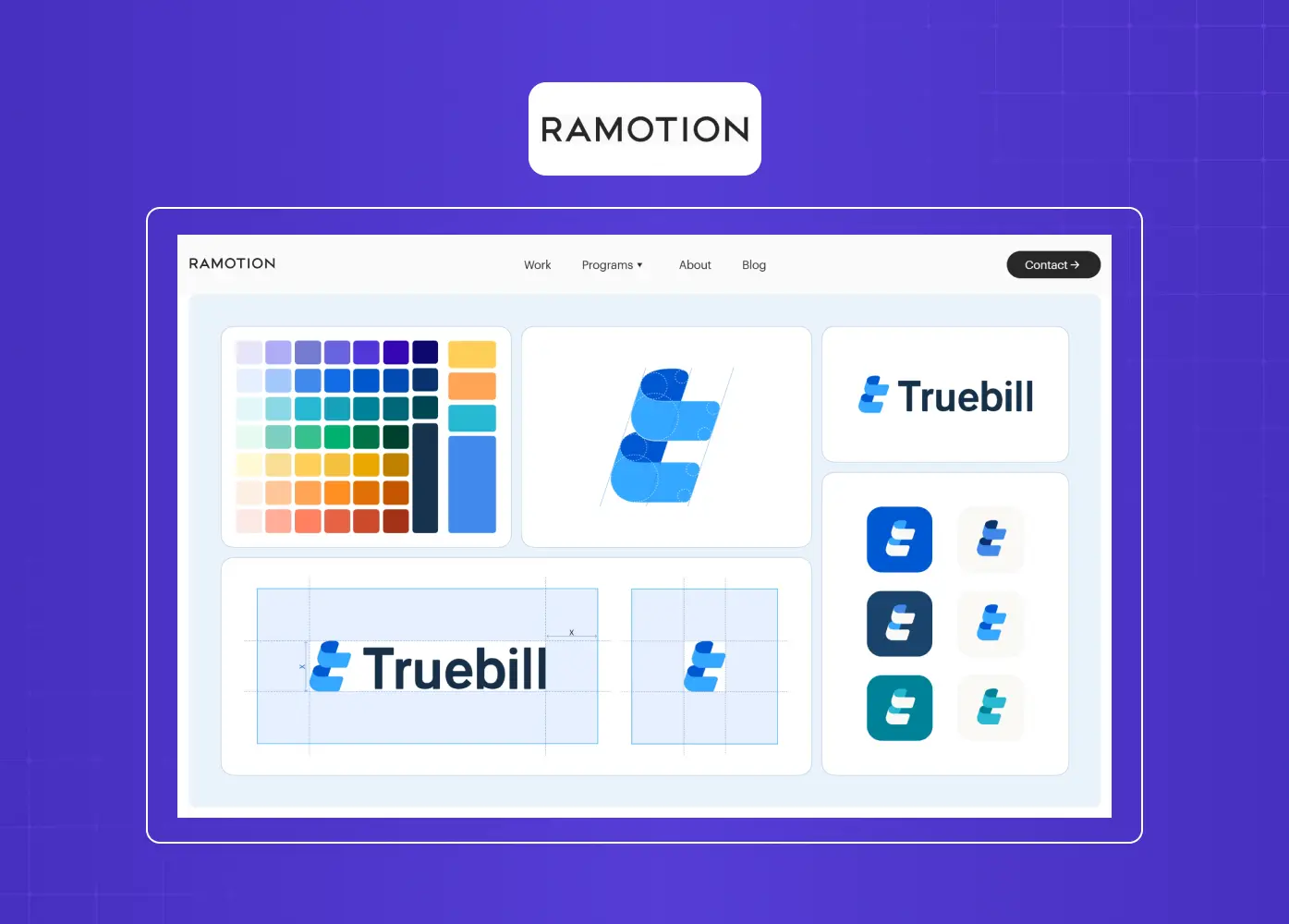 Branding showcase displaying logo exploration, color palettes, and design system assets for the Truebill brand.