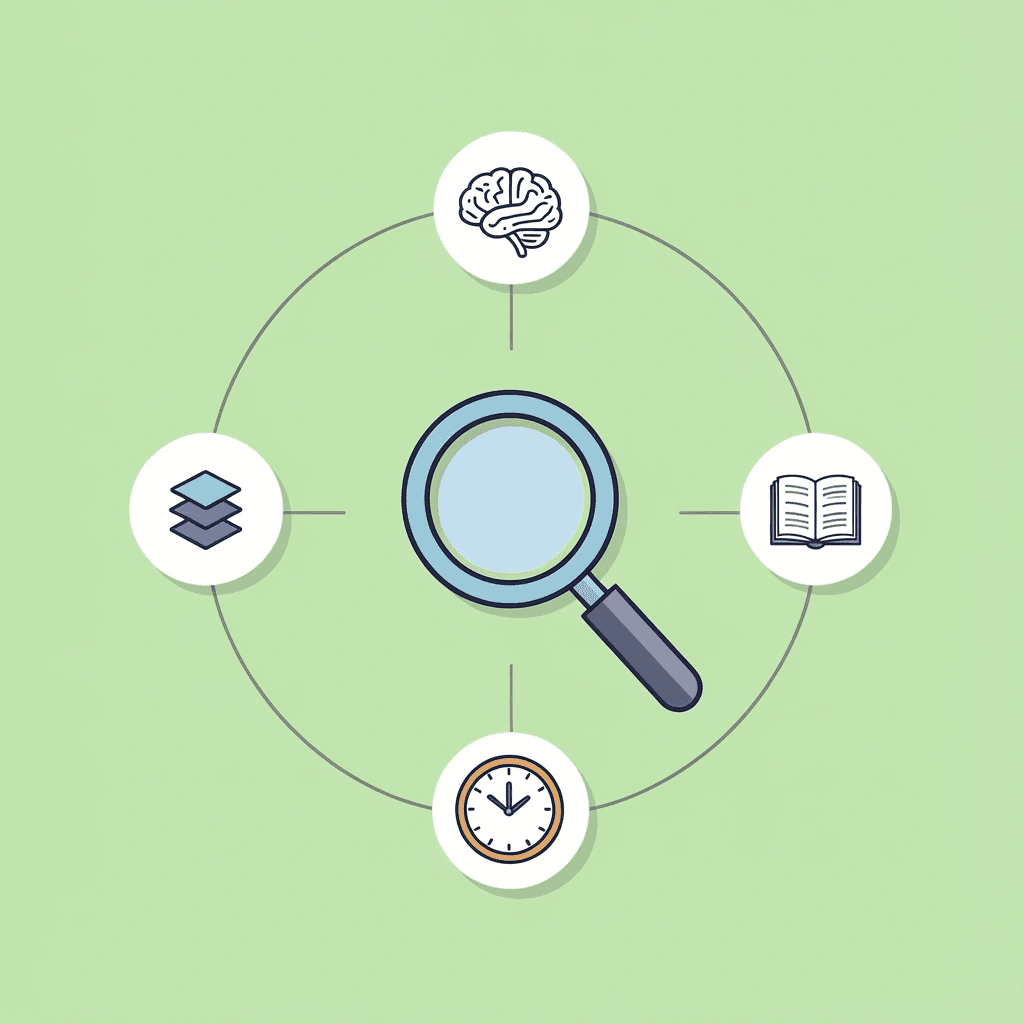 Network hub with central AI icon connected to academic interest icons around it