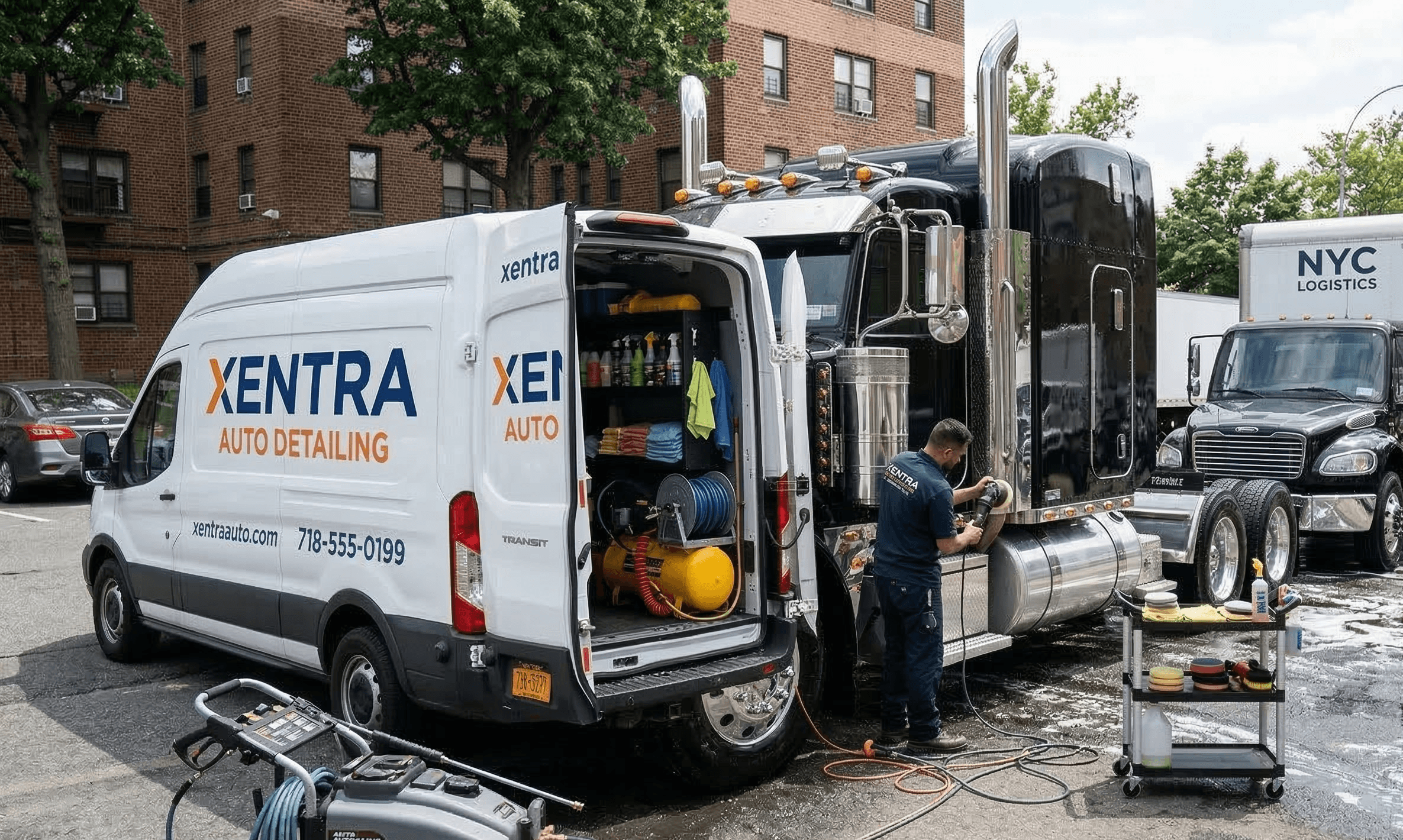 Fleet of box trucks being washed at distribution center New York