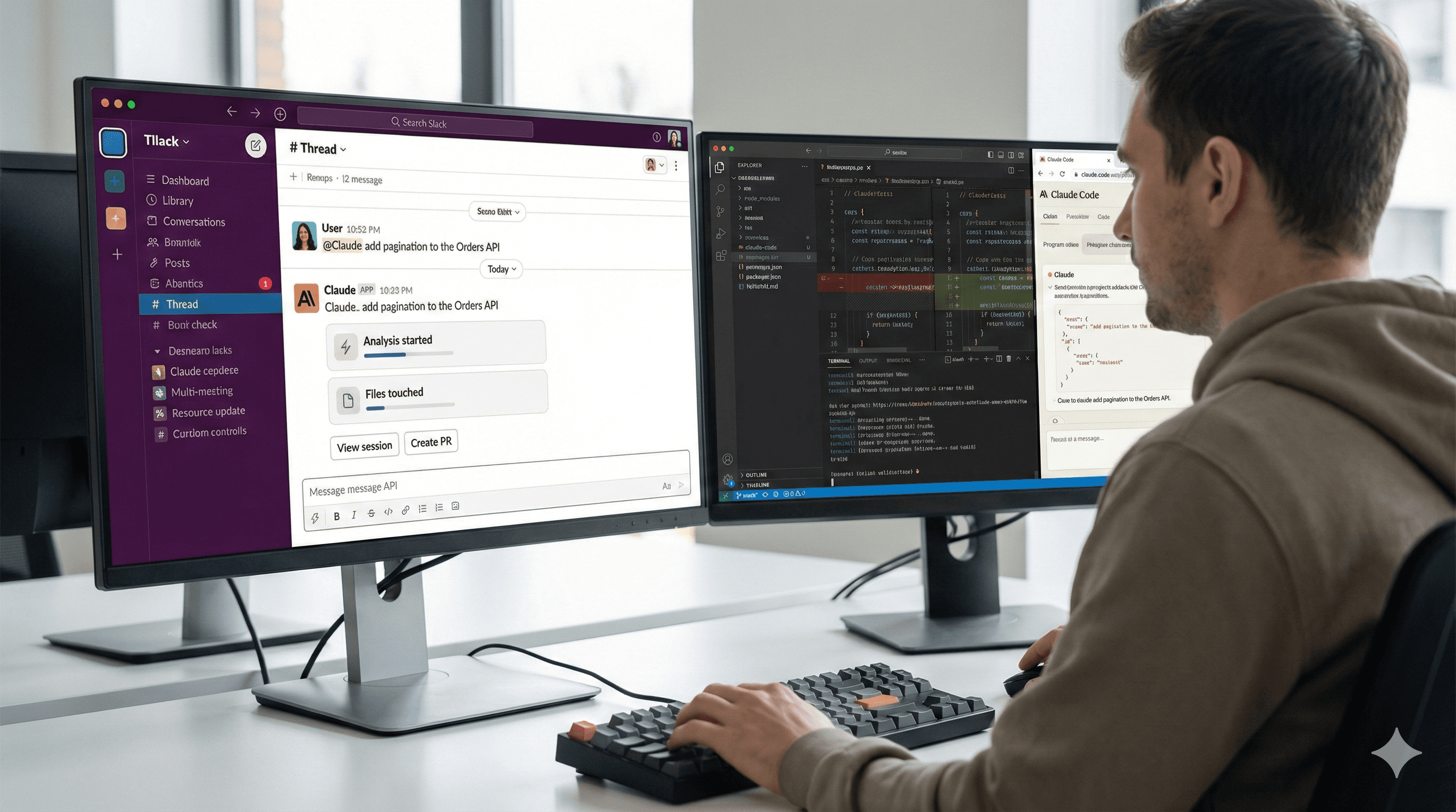 A person uses Slack on a dual-monitor setup, with one screen displaying a chat interface featuring a conversation with "Claude" about automating code sessions, and the other screen showing a code editor with programming code.
