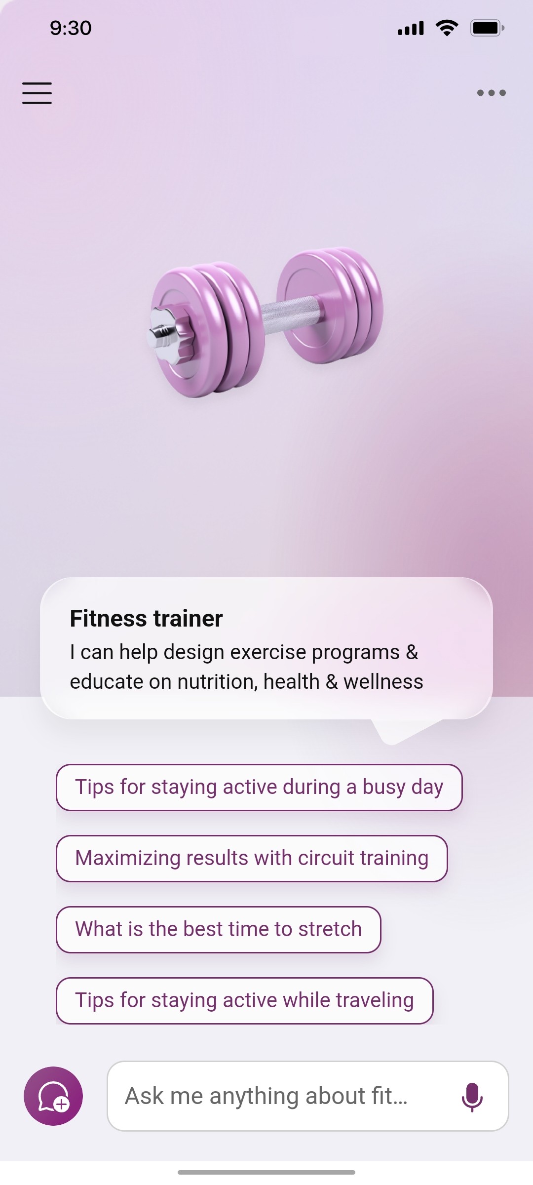 Microsoft copilot Fitness trainer home screen