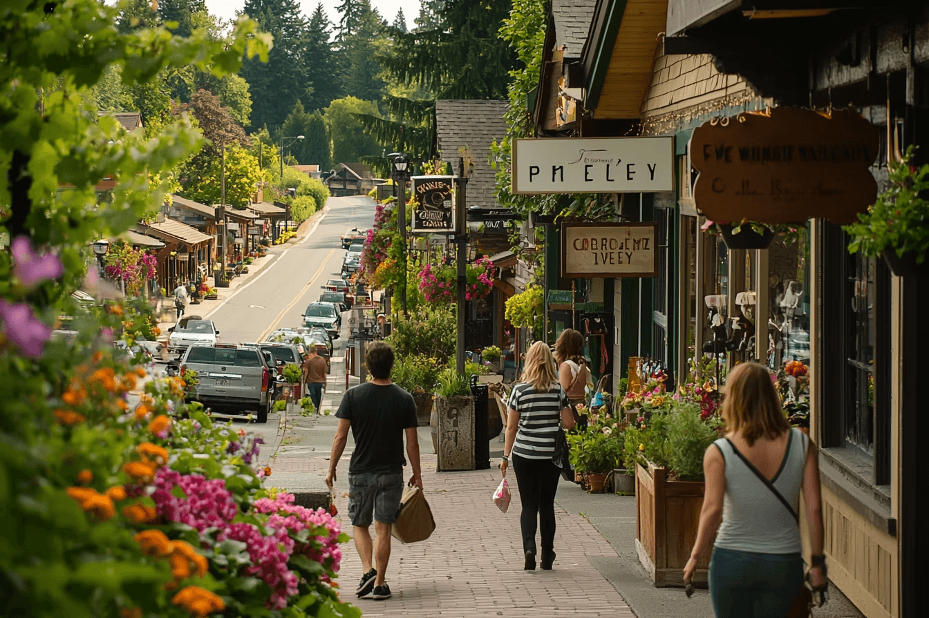 Visitors strolling along a charming, revitalized small town highway corridor in oregon with beautifion efforts such as flowers and winery-themed shops and restaurants