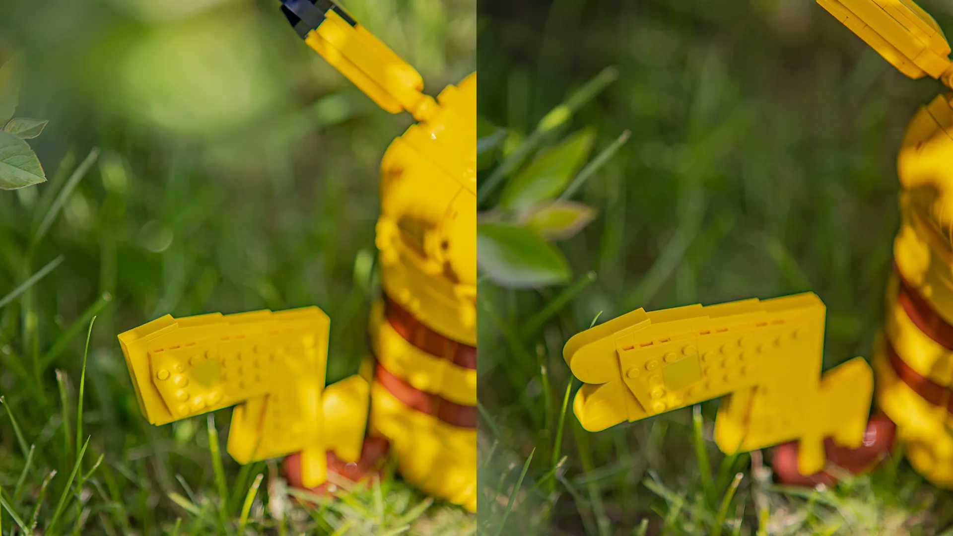 LEGO-modell av Pikachu med fokus på halen utstilt utendørs i gresset