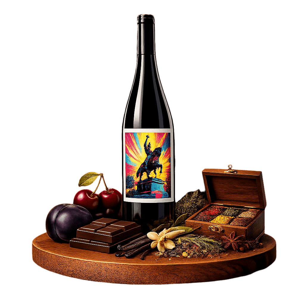 Artistic label and flavor profile for Stefan Voda Red on a rustic wooden table.