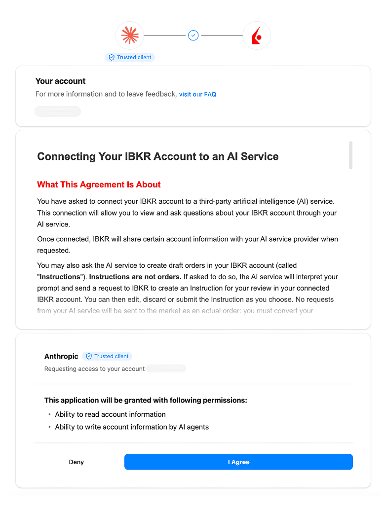 The IBKR authorization screen clearly lists the permissions you are granting before anything is connected.