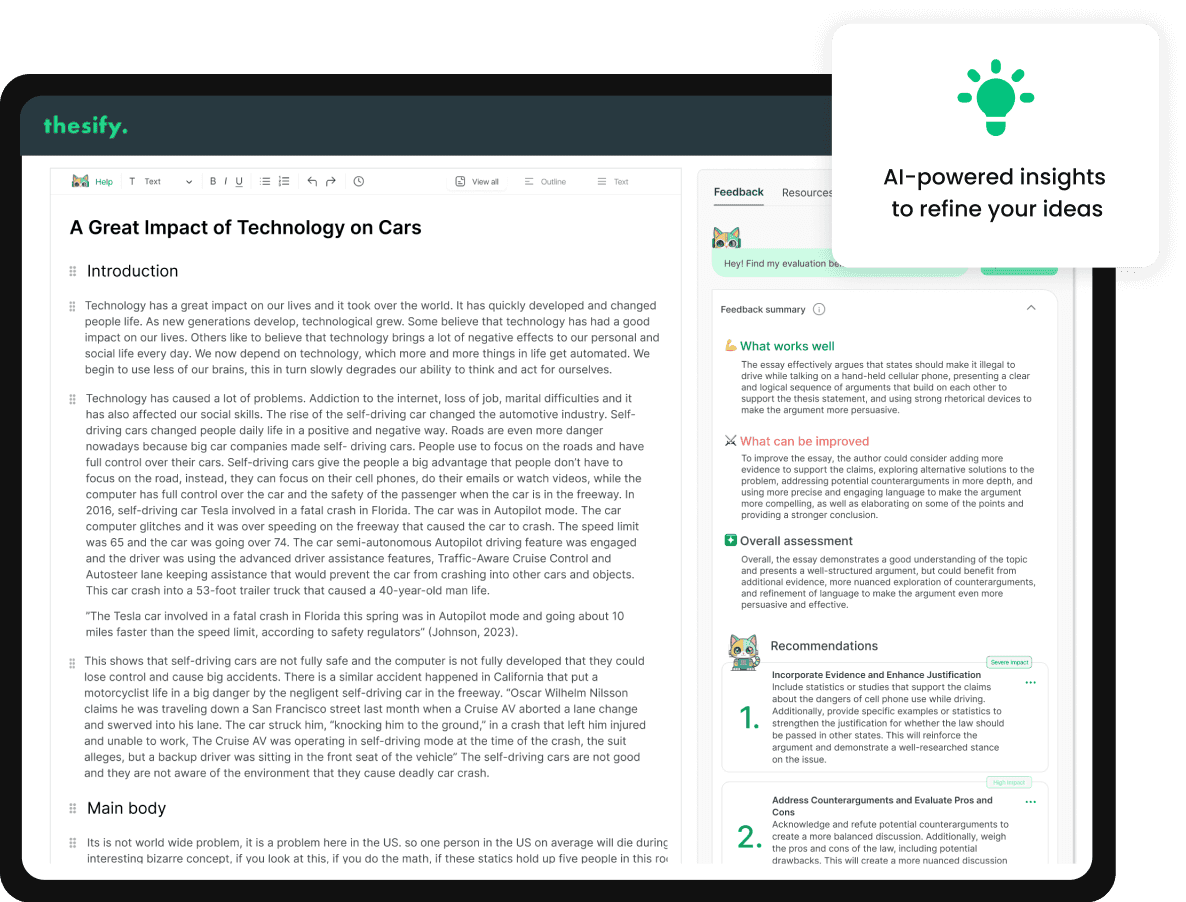 Agile text editor displaying an uploaded essay alongside AI-generated insights to support revision and refinement