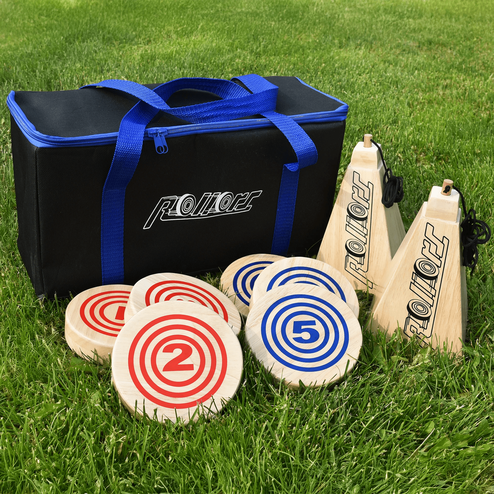 Rollors lawn game set with carrying bag, wooden pins and colored discs on grass