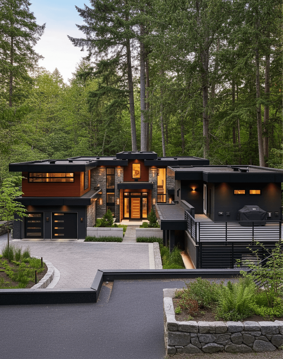 Oceanfront modern house on rocky cliff at dusk, Tidewatch Retreat