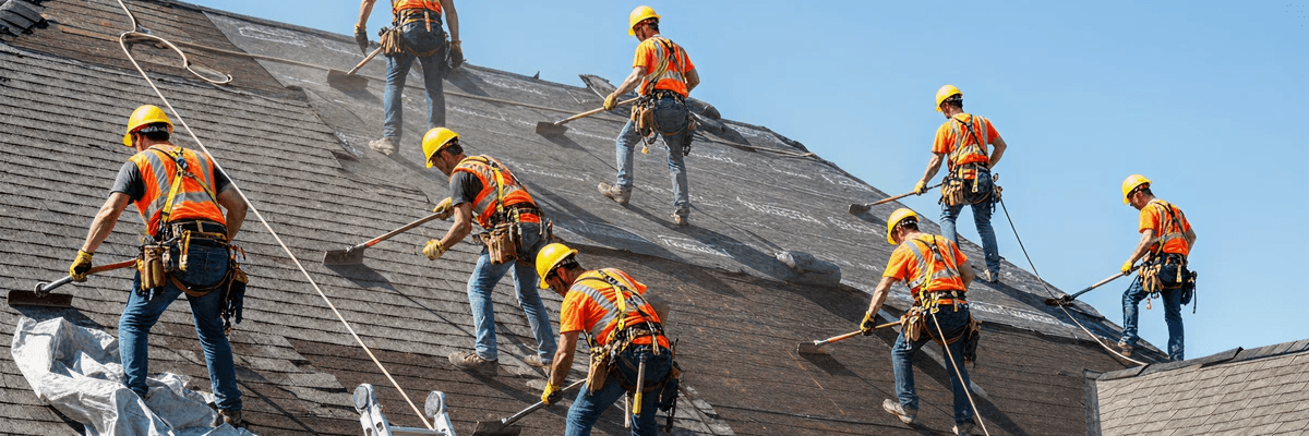 Roofer installing a standing seam metal roof with safety harness