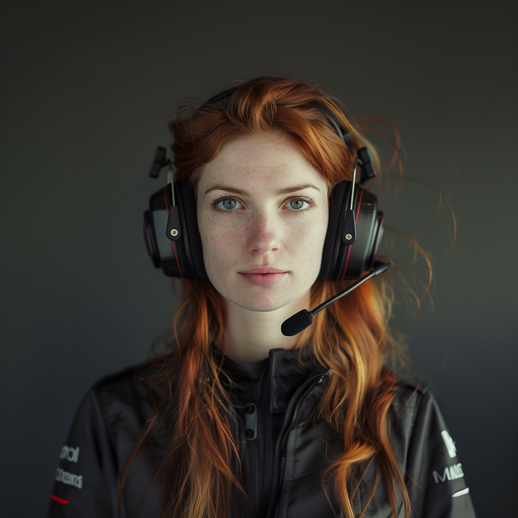 Red headed woman with headphones of Pod1um ai