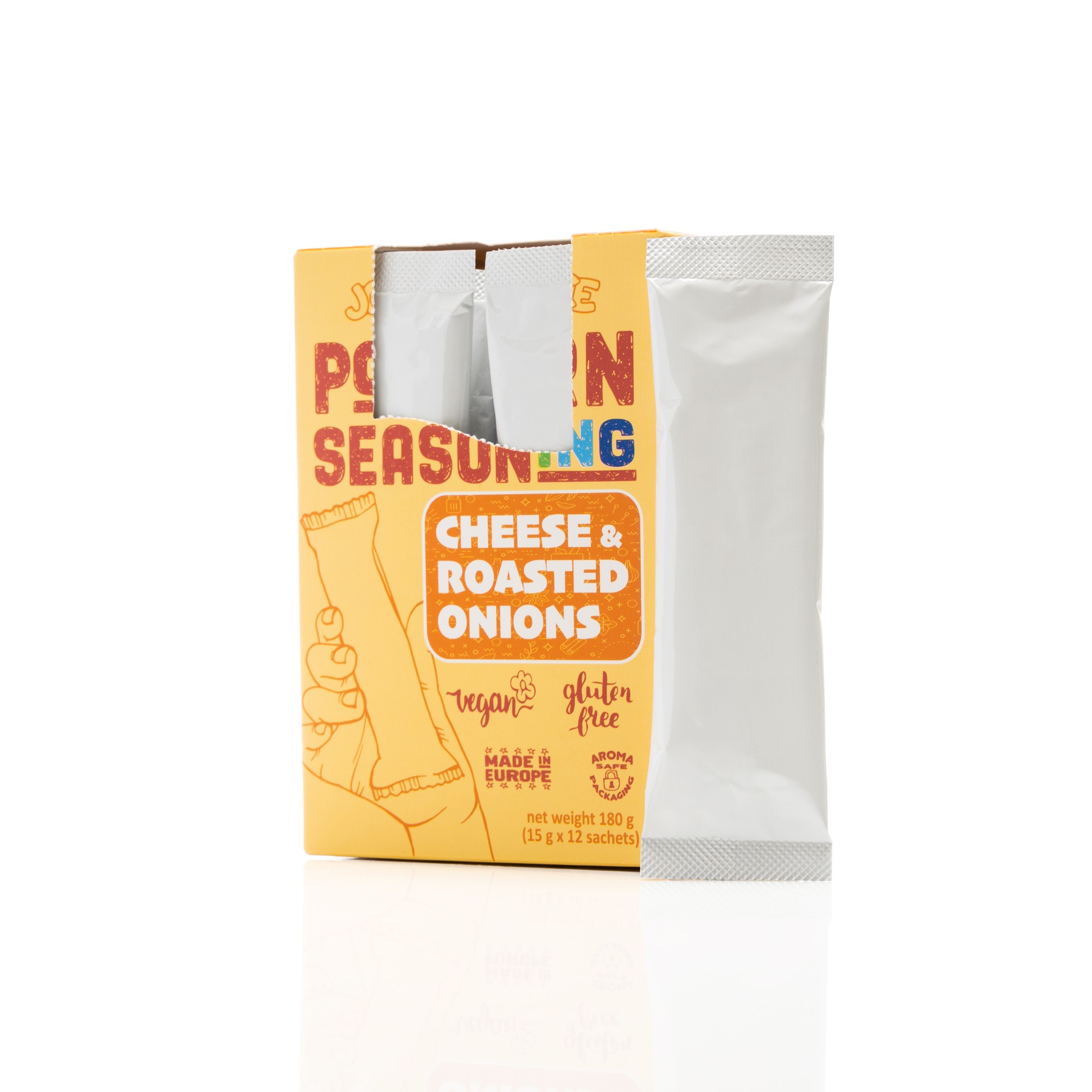 Chees and roasted onions popcorn package on a white background