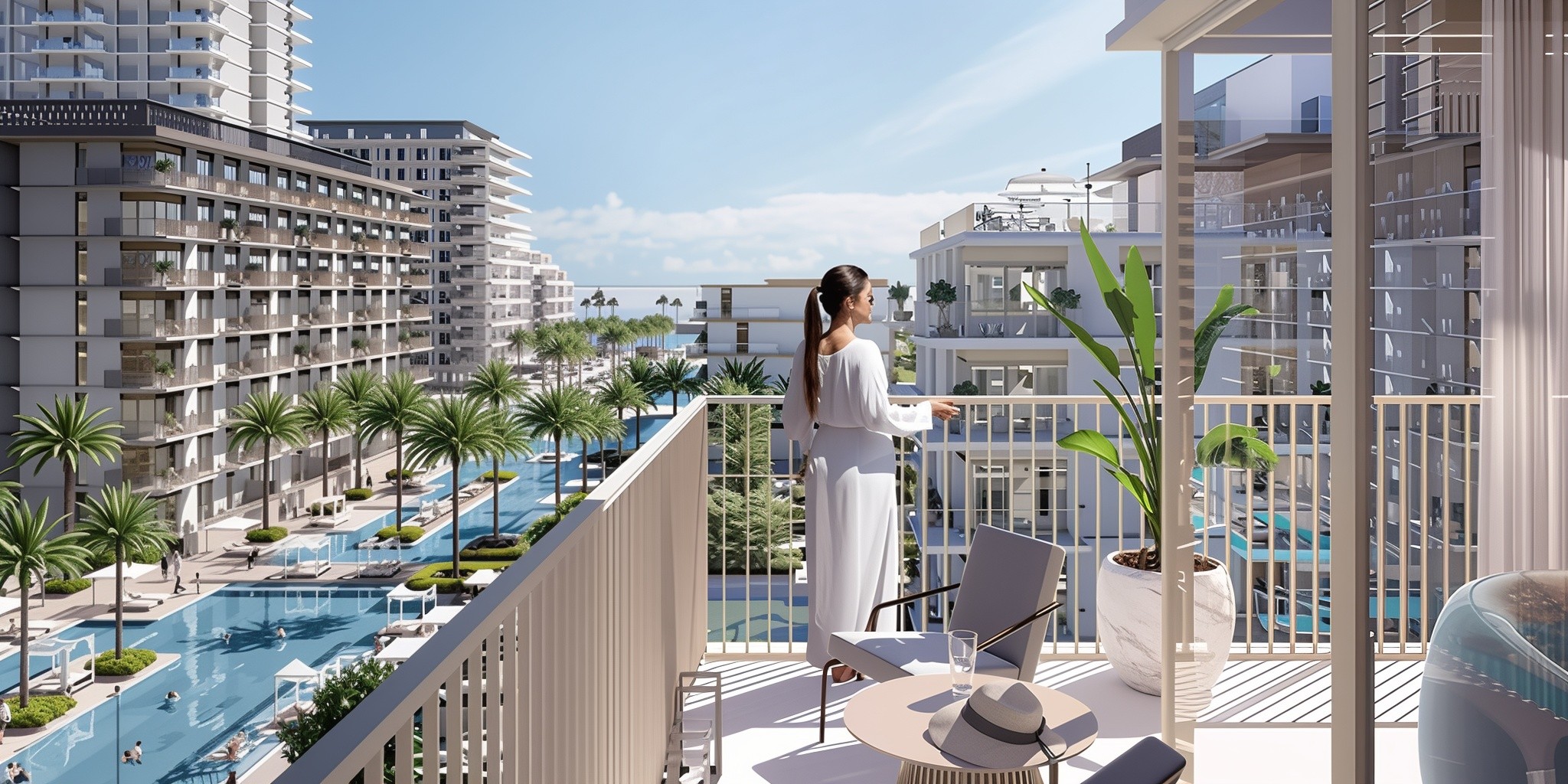 A woman stands on a balcony at Sunridge, overlooking a serene pool below.