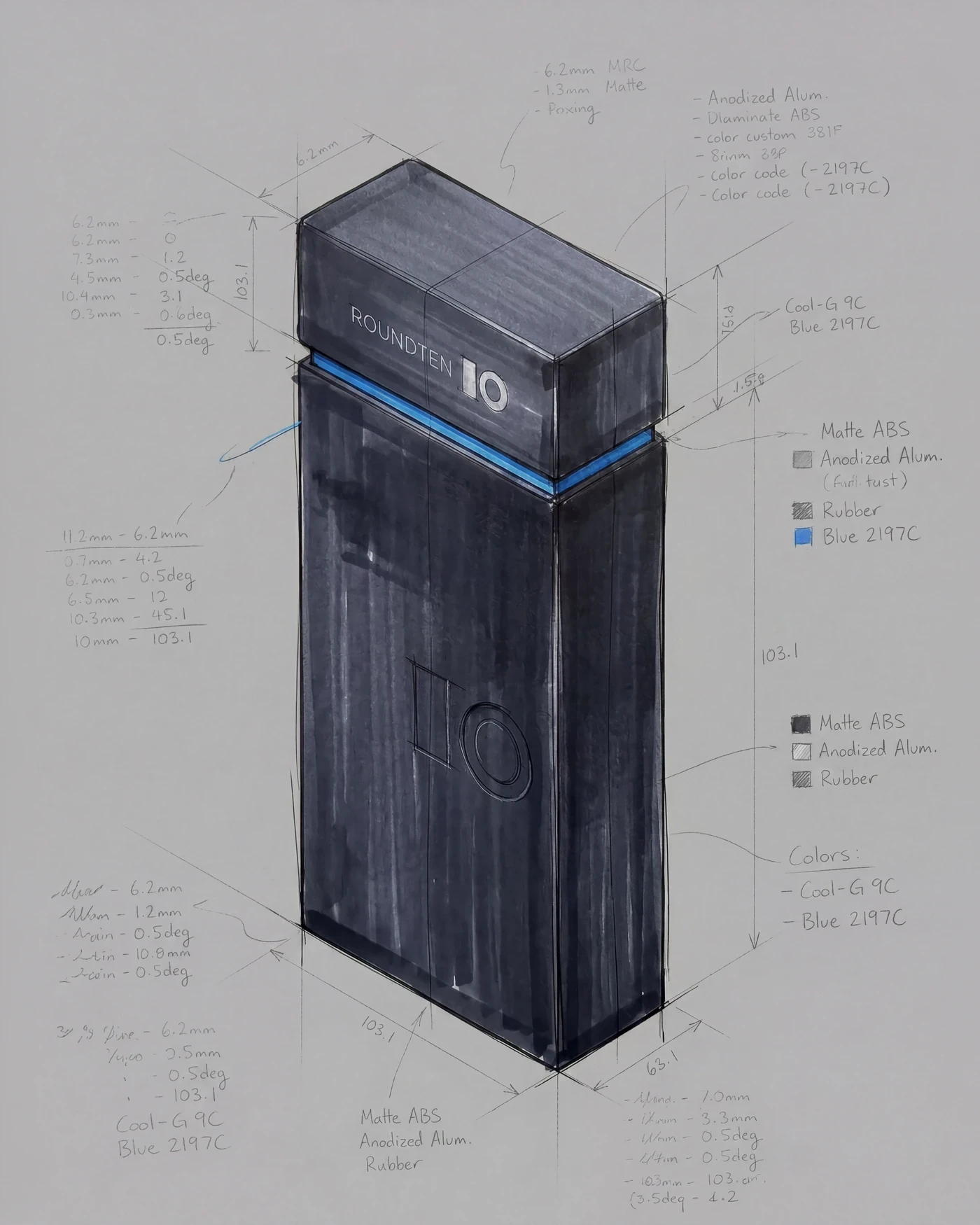 Marker sketch of the Roundten packaging with material and colour annotations, packaging design by Sebastian Saavedra