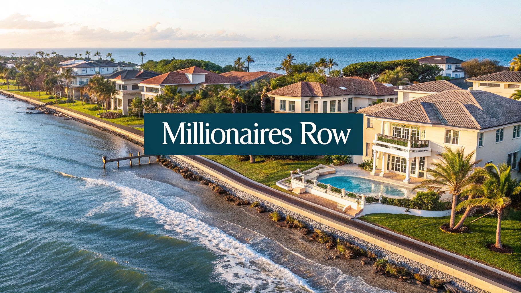 multiple large beachfront properties from a drone view with a blue textbox in the foreground reading 'millionaires row'