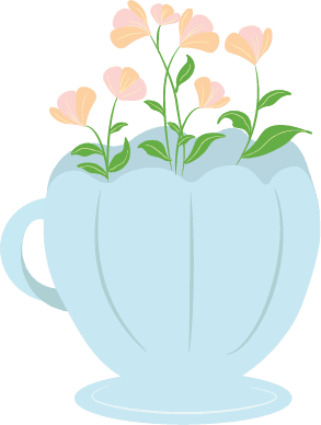 illustration of blue teacup and pink dainty flowers inside