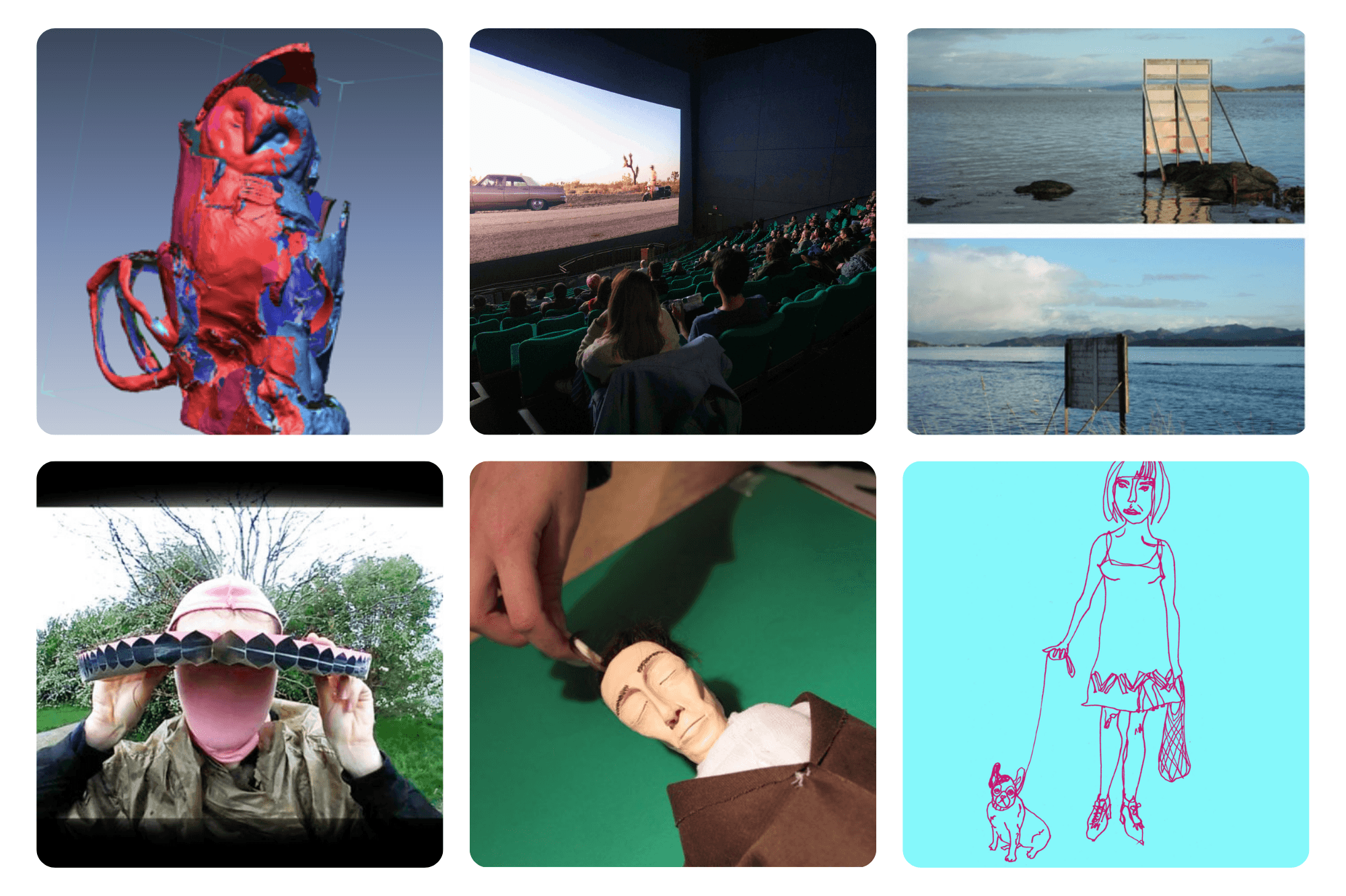 Top left — 3D sculpture scan: "A digital 3D scan of Emmeline Rodman's sculpture, combining a ceramic owl with a hand-built clay outer vessel, rendered in red and blue" Top centre — Sci-fi screening event: "A full cinema audience watching a science fiction film at a Screens of Matter screening event, with a classic car scene projected on a large screen" Top right — Signs for the Sea (x2 images): "Two photographs from Emmeline Rodman's photography series 'Signs for the Sea', capturing a white wooden structure standing in coastal Norwegian waters against a grey sky" Bottom left — VR video experimentation: "A person wearing a handmade sculptural mask and holding it to their face outdoors, from Emmeline Rodman's VR and video making practice" Bottom centre — Puppet making: "Close-up of hands manipulating a hand-sewn puppet head with painted features, from Emmeline Rodman's making practice" Bottom right — Illustration: "A line drawing illustration by Emmeline Rodman of a woman in a dress walking a small French bulldog, in pink on a turquoise background"