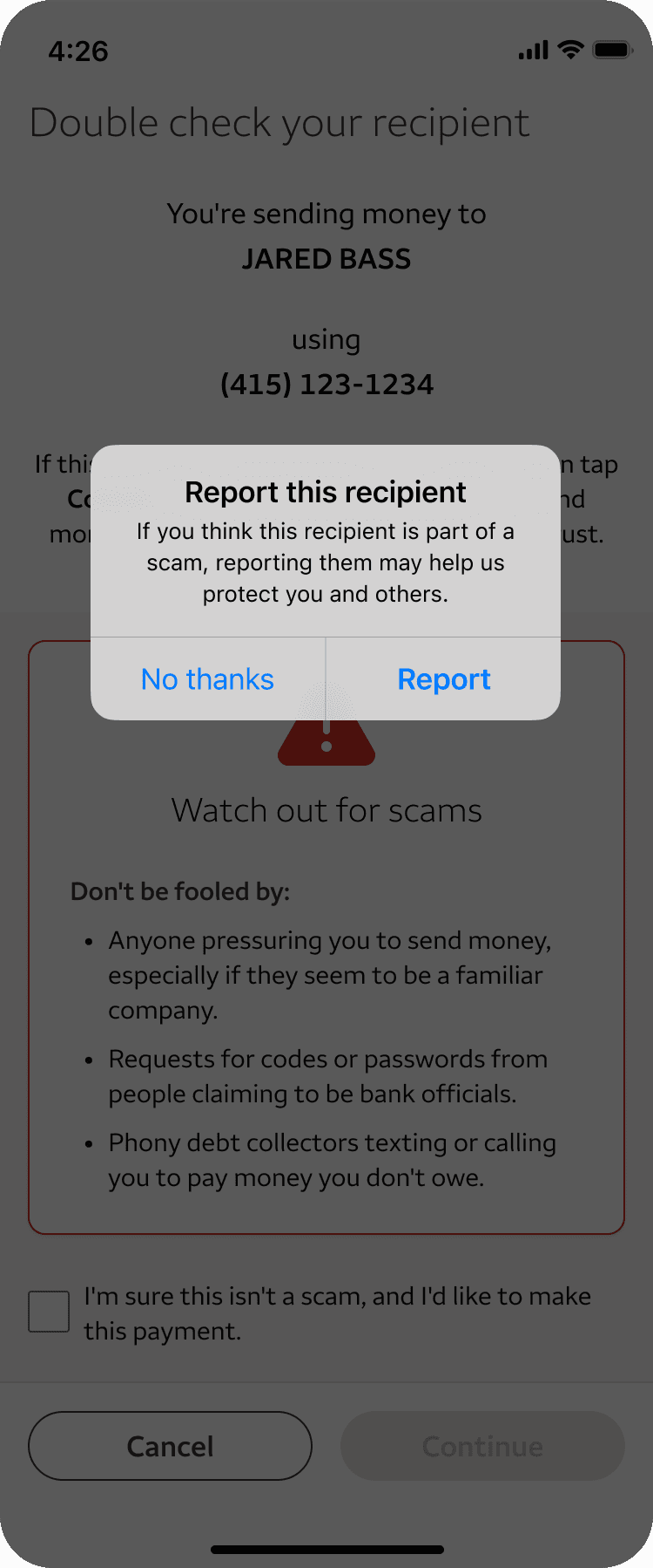 Report recipient overlay after canceling a flagged payment