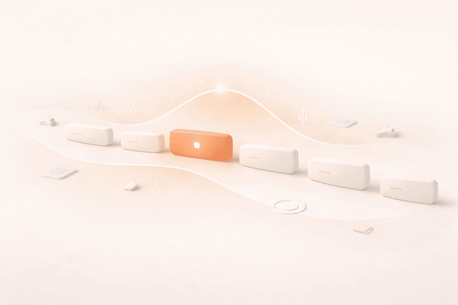 Minimalistische 3D-Illustration von Arbeitszyklen: Eine Reihe abgerundeter Zeitblöcke verläuft horizontal in einer sanften Wellenform. Ein korallorangefarbener Block ist am Höhepunkt der Kurve hervorgehoben, während die umliegenden Blöcke in hellen Creme- und Beigetönen verblassen. Dezente Symbole wie ein Timer-Ring und kleine Aufgabenelemente ergänzen die Darstellung auf einem warmen, leicht verlaufenden Hintergrund.