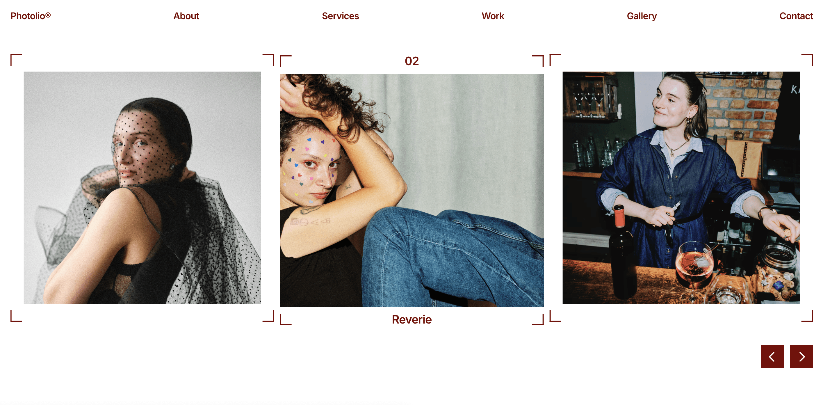 Project carousel labelled '02 Reverie' showing three side-by-side editorial portraits framed by red corner brackets.