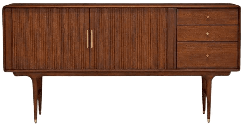 Long wooden sideboard cabinet with textured doors and drawer storage