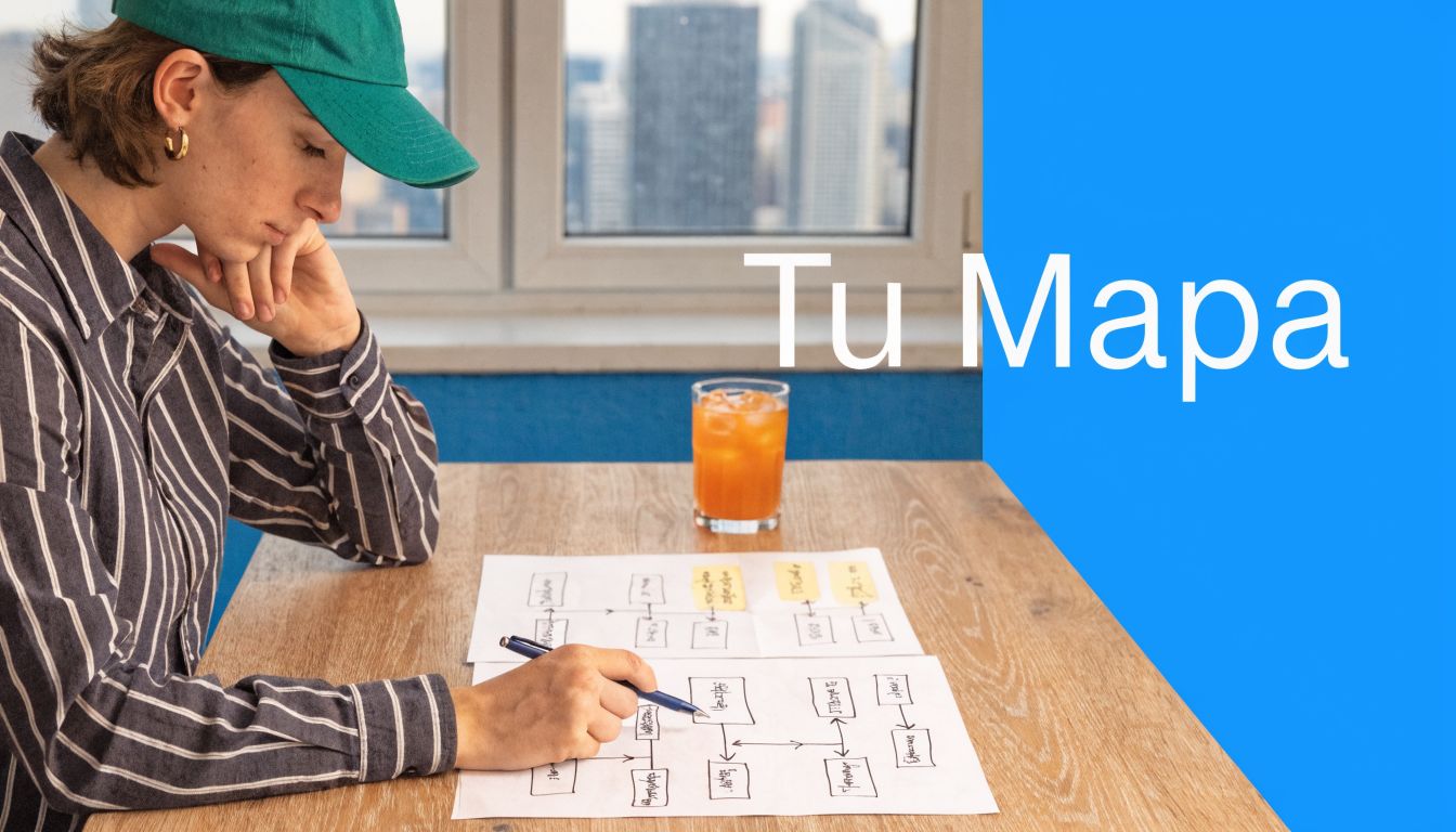 Una joven con gorra verde analizando un diagrama de flujo en una mesa de madera