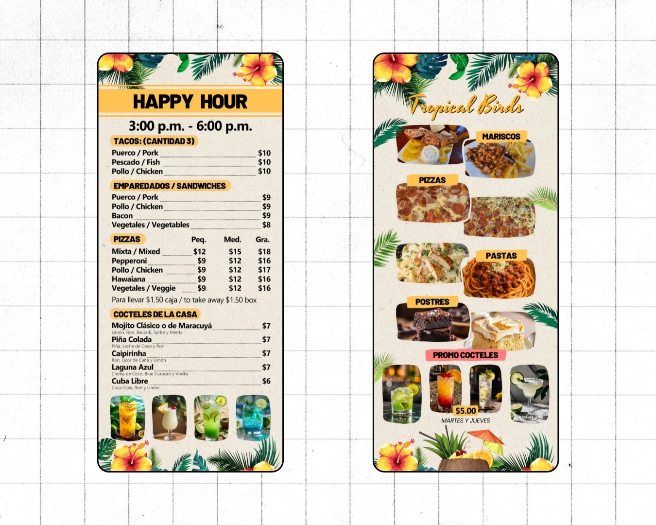 Diseño de banners 80x180 cm para restaurante Tropical Birds en Isla Colón, Panamá – creados por Fresa Marketing