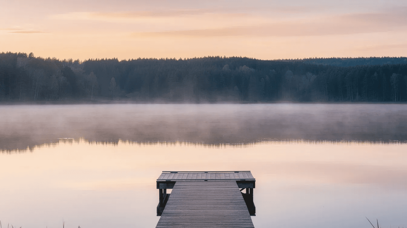 The image depicts a serene lake at sunrise, framed by a lush forest, symbolizing the tranquility and stability associated with long-term financial planning. This peaceful scene reflects the importance of private credit investments and portfolio diversification in achieving financial goals amidst the complexities of the global financial landscape.