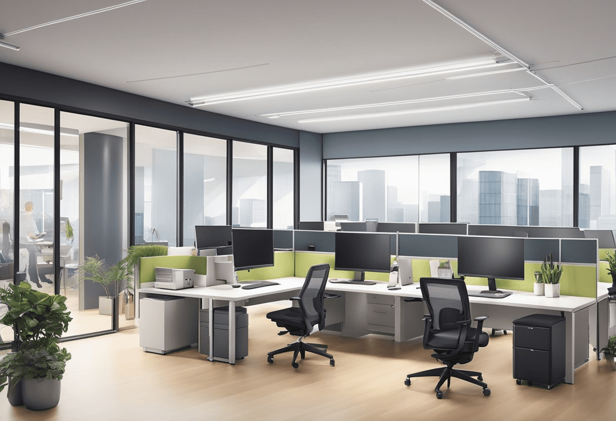 A modern office space with adjustable furniture and movable partitions, showcasing a flexible and dynamic work environment