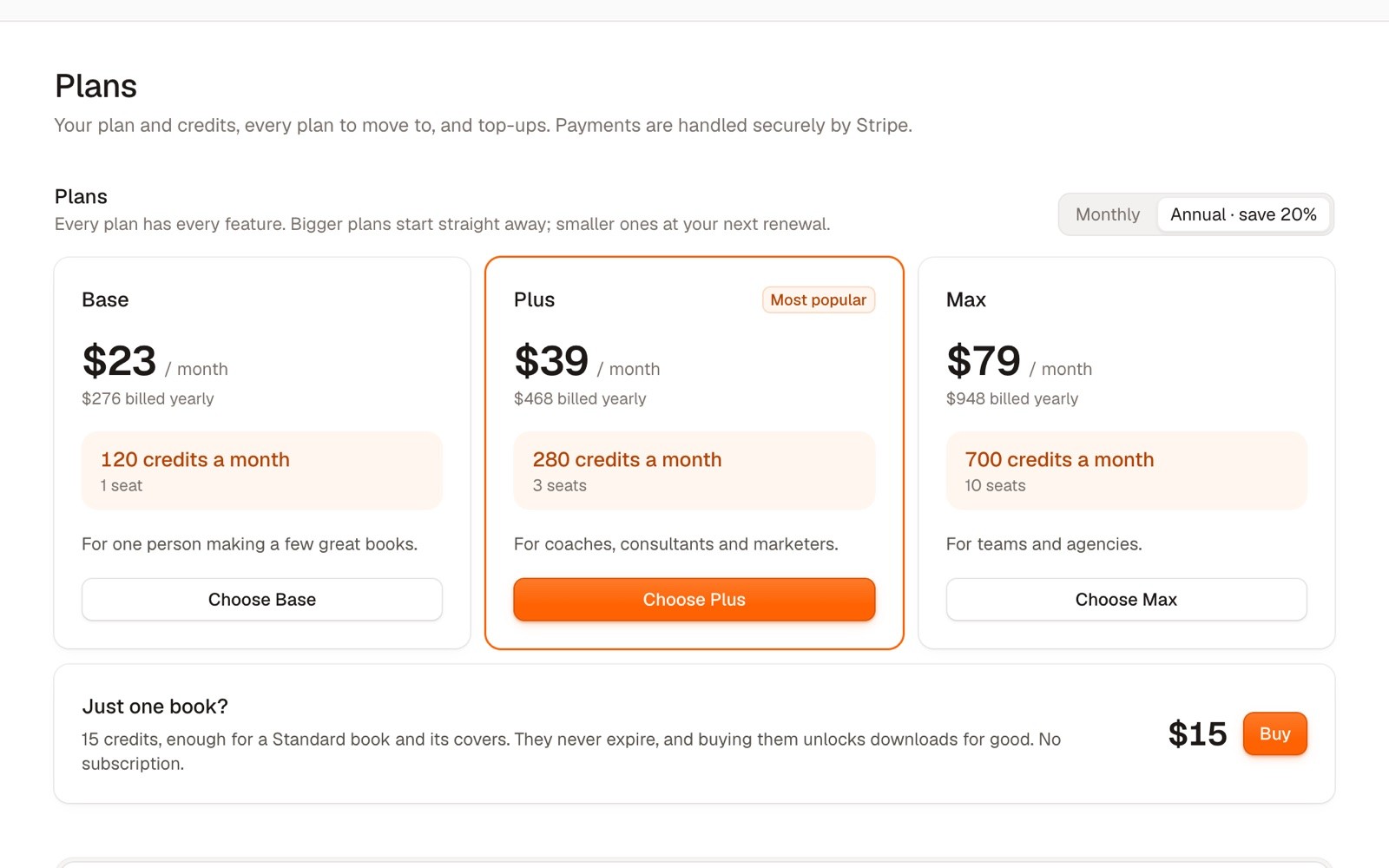 The Plans page in Koobe: Base, Plus and Max, and below them “Just one book?”: 15 credits for $15, enough for a Standard book and its covers, that never expire and unlock downloads for good. No subscription.